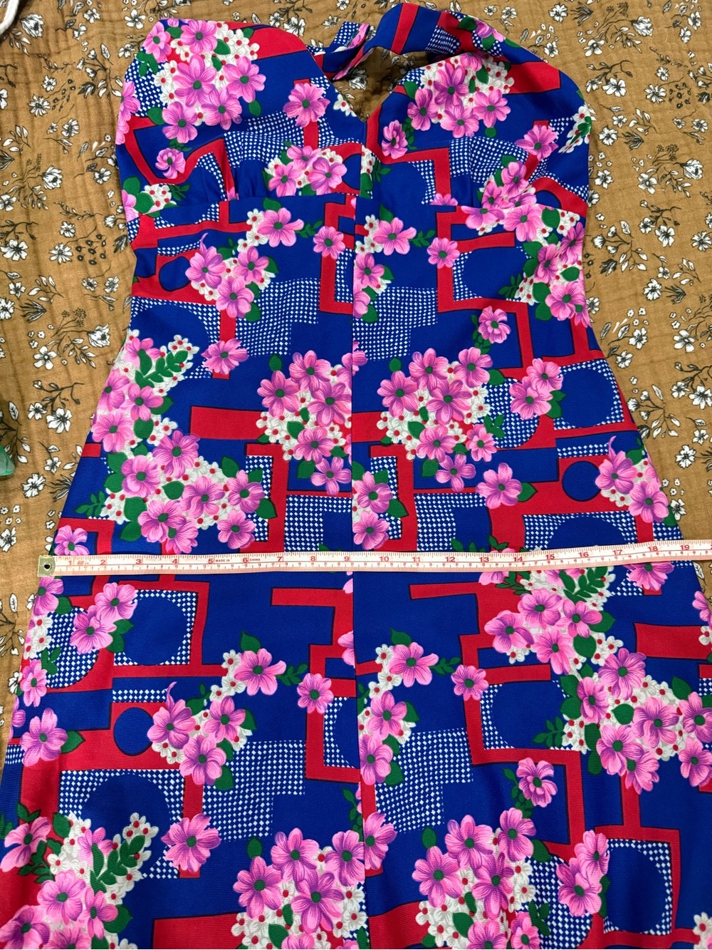 Vintage Floral Halter Maxi Dress - Bold Blue Pink Floral Geometric Print S/M fit - Picture 10 of 11